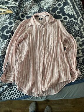 Strellson pink and white striped 100% linen button shirt M